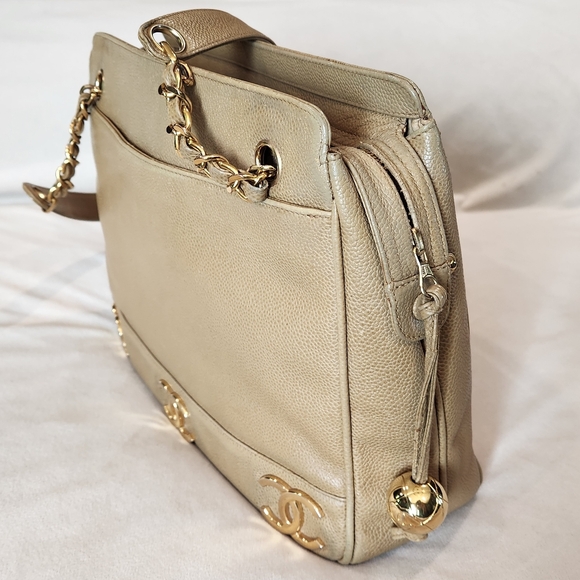 Chanel Caviar Leather Tripple CC Tote Bag Purse Beige 24K Vintage Coco Mark Gold - Picture 3 of 16